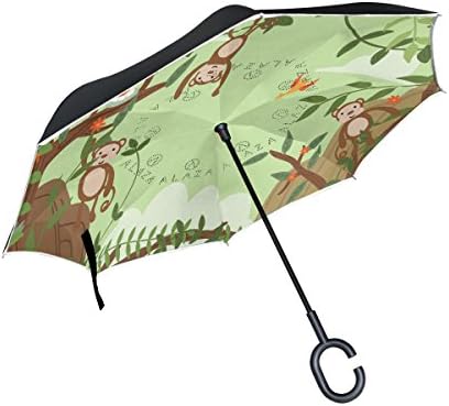 Reverse Inverted Auto Open Umbrella Upside Down Compact Lightweight &amp; Windproof Waterproof Straight Umbrellas with Cartoon Monkey for Car &amp; Outdoor