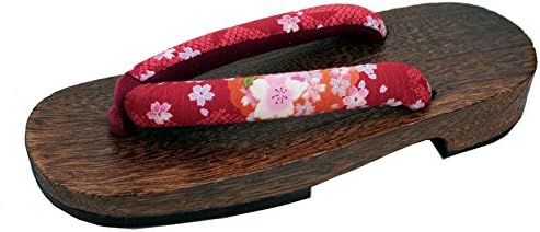 Women's Kiri Geta Brown Sandal with Japanese Red Cherry Print Toe Straps US Size 6.5-8 (24-25.5cm)