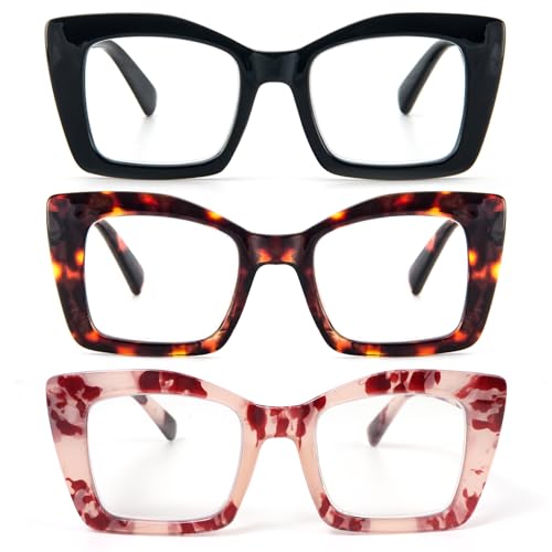 prtcslwd 3 Pack Oversized Square Reading Glasses Style for Women Blue Light Blocking Readers with Spring Hinge (black+brown leopard+pink leopard, 1, x) at Amazon