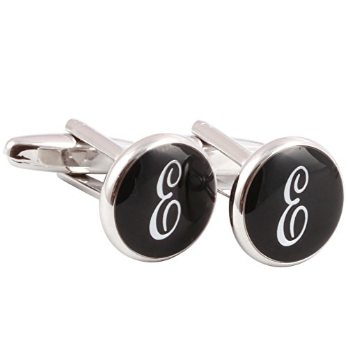 HJ Men's 2PCS Rhodium Plated Cufflinks Silver Initial Letter Shirt Wedding Business 1 Pair Set Black E