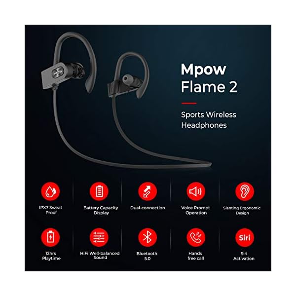 Mpow-Flame2-Bluetooth-Headphones-13-Hr-Playtime-Bluetooth-50-Wireless-Earbuds-IPX7-Waterproof-Wireless-Sport-Earphones-wCVC-60-Noise-Cancelling-Mic-Ergonomic-Ear-Hooks-for-Running-Workout Mpow Flame2 Bluetooth Headphones 13-Hr Playtime, Bluetooth 5.0 Wireless Earbuds, IPX7 Waterproof Wireless Sport…