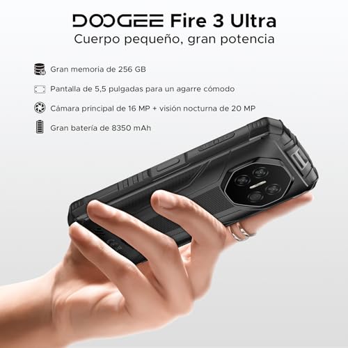 DOOGEERugged FIRE3ULTRA Movil Irrompible Android 15, 5.5" HD+ 8350mAh Batería Móvil Rugerizado, 24GB+256GB/2TB Octa-Core T7200, 16MP+8MP, IP68/Face ID/Huella/OTG/NFC/Dual SIM 4G Móvil Resistente