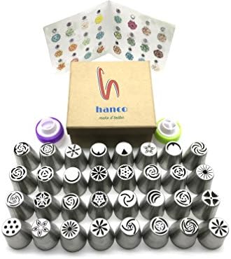 Hanco Russian Piping Tips Set Professional 55-Piece Complete kit For Cake and Cupcake Icing Decorating (32 Deluxe Icing Tips, 20 Pastry Bags, Coupler, Tri-color Coupler, Frosting Chart And Gift Box)