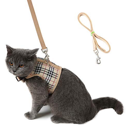 WZPB Cat Harness and Leash Set- Adjustable Soft Mesh Cat Harness for Walking Escape Proof (L, Beige)