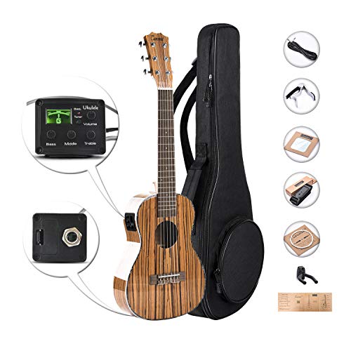 Caramel 6 String CB103G 30 Inch High Gloss Zebra Wood Acoustic & Electric Ukulele Guitalele with Truss Rod with Padded Gig Bag, Strap