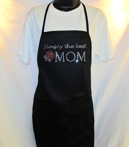 Classic Black Apron - " Simply the Best Mom "- Rhinestone on Poly Cotton Blend Two Pocket Apron