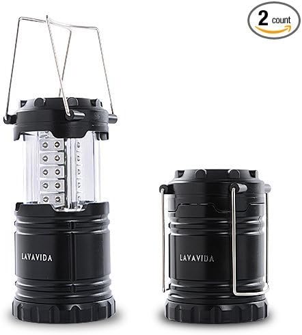 LAVAVIDA LED Camping Lantern - 2 Pack Safety Lamp Light for Emergency, Hiking, Fishing, Blackouts, Hurricanes, Storms - Portable, Collapsible, Water Resistant - Ultra Bright Flashlight - Black