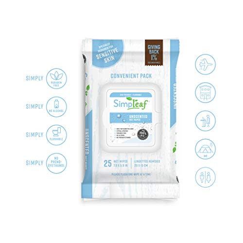 Simpleaf Flushable Wet Wipes | Eco- Friendly, Paraben & Alcohol Free | Hypoallergenic & Safe for Sensitive Skin | Unscented Soothing Aloe Vera Formula | (25-Count) 4 Pack