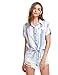 ROMWE Women's Striped Knotted Front Blouse Roll Sleeve Shirt With Chest Pocket (One-size, White & Blue)