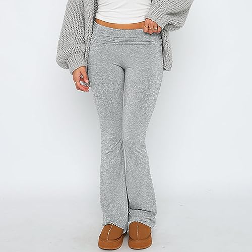 CALEBGAR WOMEN’S FOLD OVER WAIST YOGA PANTS LOW RISE LEGGINGS SLIM FIT FLARE PANTS WORKOUT CASUAL BOOTCUT PANTS GREY