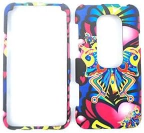 HTC EVO 3D SPRINT 3D Embossed Colorful Butterflies and Pink Hearts HARD PROTECTOR COVER CASE / SNAP ON PERFECT FIT CASE