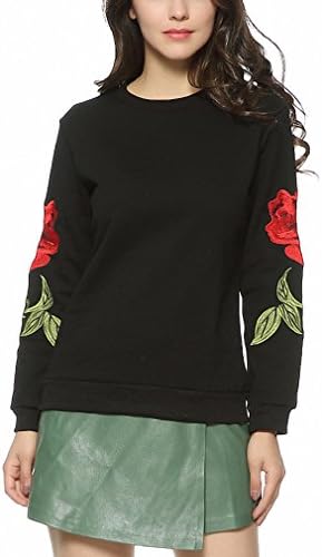 Women Embroidery floral black White sweatshirts long sleeve elegant warm winter pullover vintage O-neck casual tops SW901 Black L
