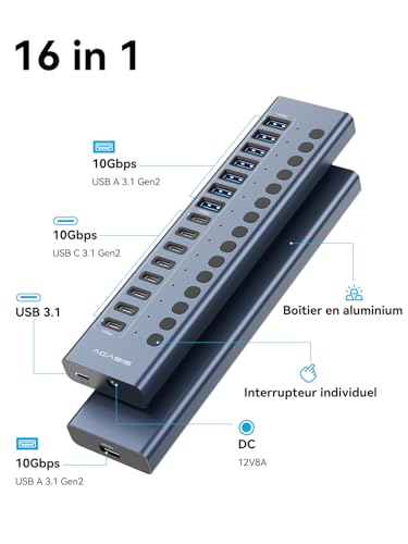 Hub USB 3.2 alimenté, ACASIS USB Hub 10Gbps 16 ports (8 ports USB-A 3.2 + 8 ports USB-C 3.2) en Aluminium, Multi Hub USB avec adaptateur d'alimentation 96 W, Hub USB Alimenté pour PC/Macbook/Clé USB