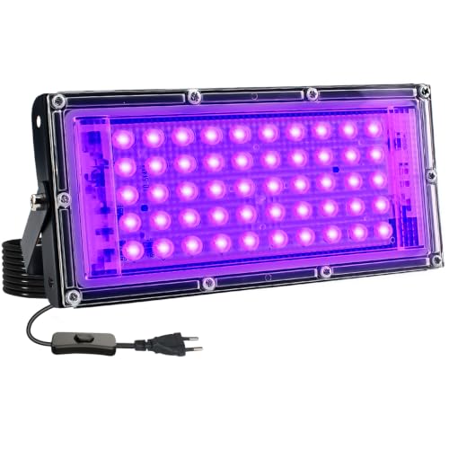 CREATESTAR LED Luce Nera 50W, Faro UV LED IP65 Impermeabile Faretto con 1,5m Spina, Lampada per Discoteca Festa Glow Acquario Bar Poster Fluorescente Halloween (1)