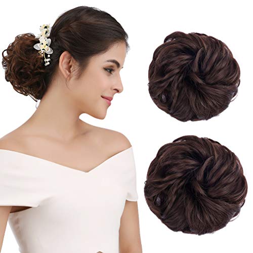 REECHO Women’s Thick 2PCS Curly Wavy Updo Hair Bun Extensions Messy Hairpieces – Dark Chocolate Brown