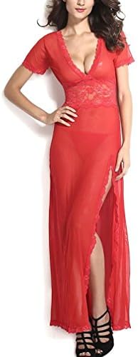 M-3XL Deep V-neck See-through Slit Mesh Babydoll Tunic Intimate Long Gown (XXL, red)