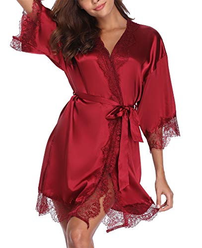 sunshinemall Womens Lace Trim Satin Bathrobe Kimono Nightgown Bridal Robe Burgundy