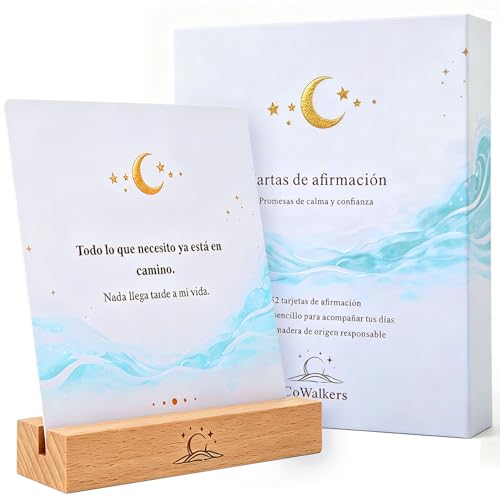Cartas de Afirmación Positiva y Mindfulness, 52 Tarjetas con Expositor de Madera, Frases de Gratitud y Calma para el Estrés, Ritual Diario de Autocuidado, Regalo para Mujer y Hombre (Azul turquesa)