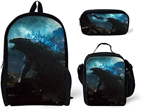 ZERODATE 3 Piece God-Zilla Monster Pattern Backpack and Insulted Lunch Bag Pen Case Set for Children Boys Girls