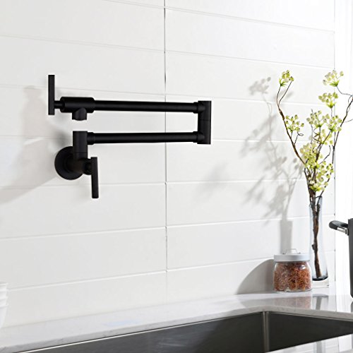 Pot Filler Double Joint Spout Folding Stretchable Swing Arm Wall Mounted Brass Kitchen Faucet, Single Hole Two Handle Kitchen Sink Faucet Matte Black,PHASAT,71211B