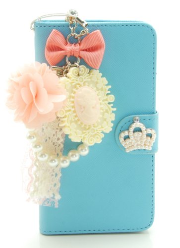 ZZYBIA® S5 TCV Light Blue Leatherette Stand Case Card Holder Wallet with a Romantic Victorian Dust Plug Charm for Samsung Galaxy S5 I9600