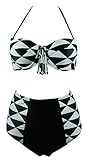 Cocoship Retro Black White Geometric Patterns High Waist Bikini Tassel Swimsuit(FBA)