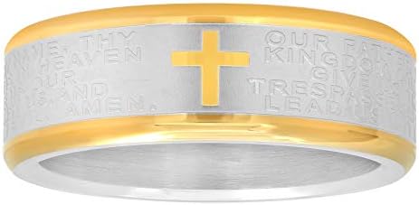 STEEL NATION JEWELRY Silver and Gold Two-Tone Stainless Steel Ring Wedding Band w/Cross and Bible Lord’s Prayer