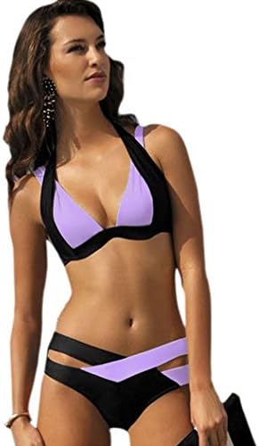 Yonas Women's Hit Color Halter Bandeau Push up Bikini Swimwear(SIZE L/PURPLE)