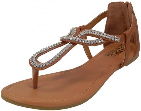 Womens Rhinestone Strap Gladiator Style Thong Sandals Flats (6, Tan Rhinestone)