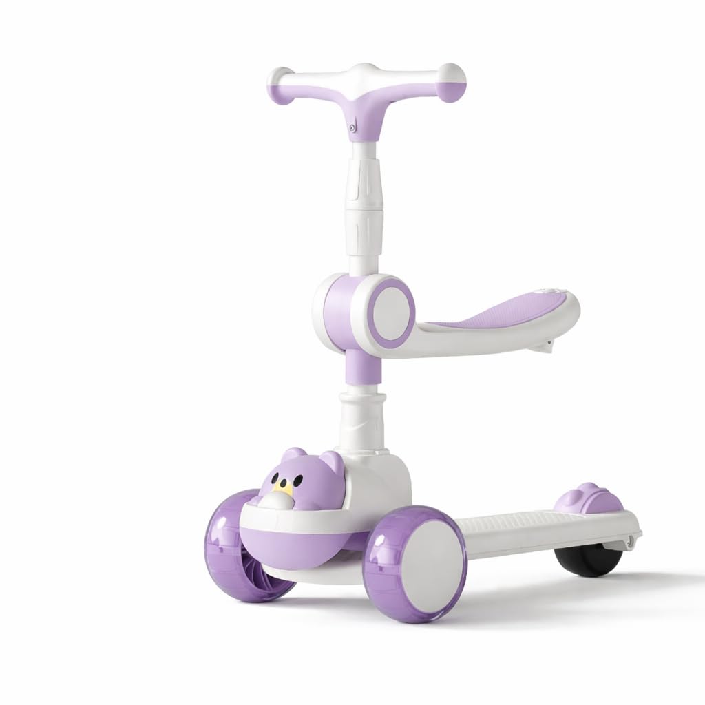 Kids 3 Wheel Scooter with Foldable Seat, Adjustable Height Handlebar, Flashing LED Light-Up Wheels, Music & Body Lights, Wide Non-Slip Deck, for Boys & Girls Age 2–8 Years, Max 50kg (Purple)