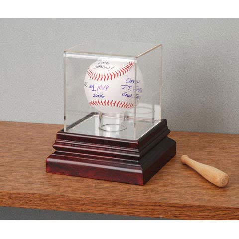 J&J's ToyScape Mahogany Baseball Display Case with Wooden Base (Size: 4.9" X 4.9" x 5") Display Gifts, Baseball Display Case Holder Stand