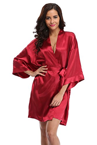 Women's Satin Rhinestone Short Wedding Kimono Robe for Bridesmaid, Red XS