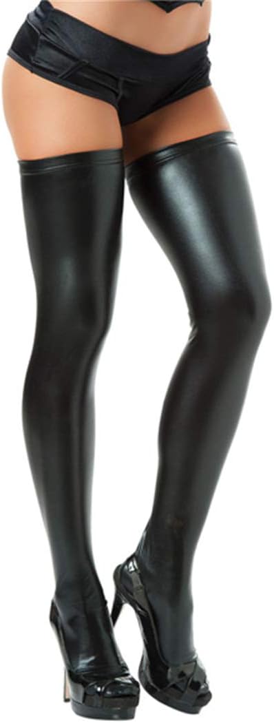 FONDBERYL Women's Wet Look Thigh High Stockings Trim Hold-ups Metallic Tights Ladies Nightwear Clubwear Dance Party Costume Fancy Dress