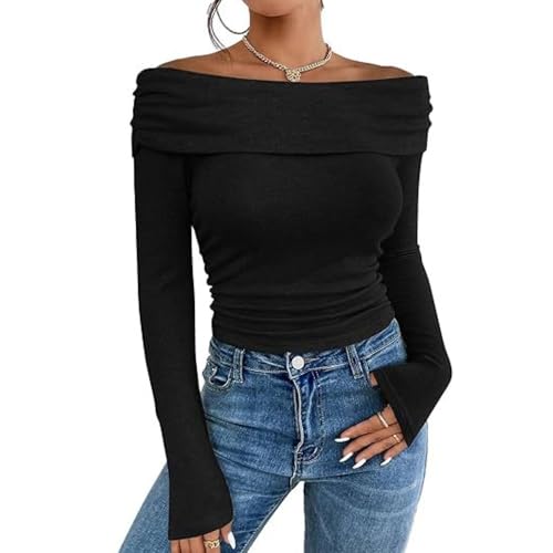 SHEKINI Damen-Langarm-Top, schmale Passform, schulterfrei, modisch, lässig, T-Shirt, Schwarz , L