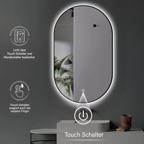ApeJoy Oval LED Bathroom Mirror 45x75cm Matt Black Metal Frame Bathroom Lighting with Touch Switch Adjustable Mirror Warm White/Cool White Neutral