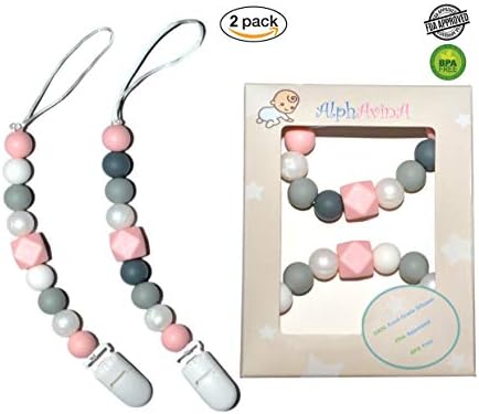 Pacifier Clip - 2 in 1 - Modern & Trendy Teething Silicone Beads BPA Free Unique Shapes - Best for Teether Toy, Stuffed Animals, Soothie/MAM, Drool Bibs - Girl's Binky Holder - Set of 2 (Pink & Ivory)