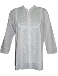 Womens Shirt Blouse Button Down White Hand Embroidered Festive Cover Up Tunic Top