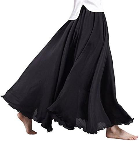 SHFZ Women's Bohemian Style Elastic Waist Band Cotton Linen Long Maxi Skirt Dress (Black)