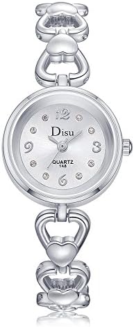DISU Cute Women’s Watches Heart Shaped Hollow Metal Bracelet Watch Rhinestone Arabic Dial DS021 Silver White