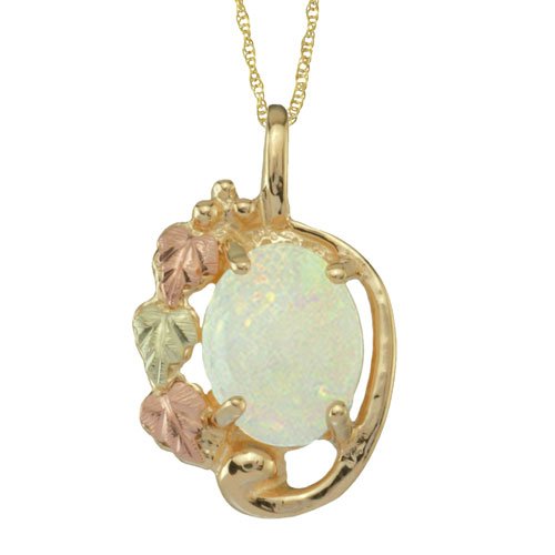 Opal Cabochon Teardrop Pendant Necklace, 10k Yellow Gold, 12k Green and Rose Gold Black Hills Gold Motif.