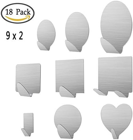 9 Size Adhesive Hooks x 2, KOSIN Heavy Duty Wall Hooks Stainless Steel Ultra Strong Waterproof Wall Hangers for Robe, Coat, Towel, Keys, Bags, Home, Kitchen, Bathroom - 18 pack