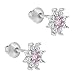 925 Sterling Silver Pink Clear CZ Flower Screw Back Earrings for Girls Toddlers