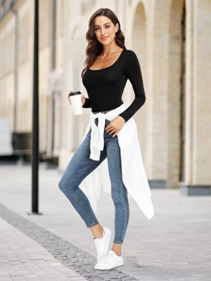 OQQ WOMEN’S 2 PIECE BODYSUITS SEXY RIBBED LONG SLEEVE SQUARE NECK ONE PIECE BODYSUITS BALCK COFFEE