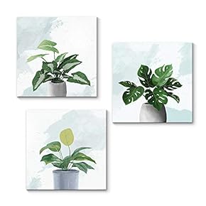 3 Piece Canvas Wall Art for Living Room Bedroom Home Artwork Green Plant Leaf Paintings Ready to Hang - 12"x12"x3 Panels