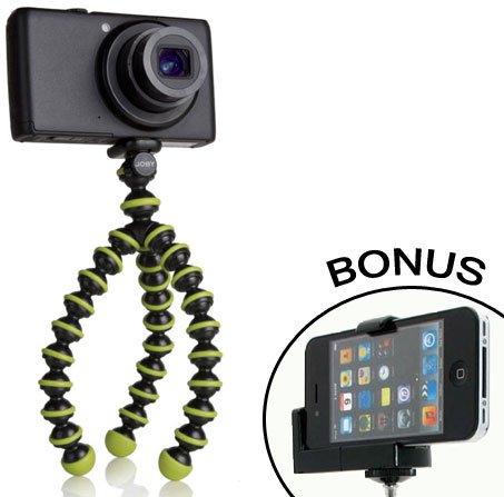 JOBY Gorillapod Flexible Tripod (Black/Lime Green) and a Bonus IVATION Universal Smartphone Tripod Mount Adapter works for iPhone 3g, 4, 4S, 5, 6, 6 Plus, 6s HTC One, Galaxy S2, S3, S4, S5, S6, S7, LG G2, G3, G4, G5, Motorola Droid and Most Smartphones