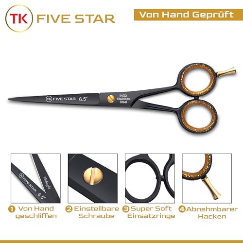 TK Five Star Midnight Premium 6.5 Inch Extra Sharp Hairdressing Scissors Hair Cutting Scissors for Women Men Hairdressers and Children for Fine and Strong Hair Micro-Toothed Rustproof