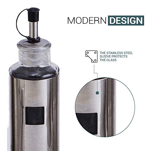 Salt and Pepper Shakers & Vinegar and Olive Oil Dispensers for the Kitchen - Airtight Glass Condiment Jars & Refillable Bottles for Cooking - 4 Pc Set Covered in Elegant Protective Stainless Steel - Thumbnail 2