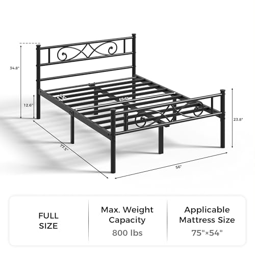 Vintage Full Size Bed Frame with Headboard, Platform Bed Frame with Headboard & Footboard, Bed Frame No Box Spring Needed, Metal Headboard Bed Frame with Under Bed Storage, Black