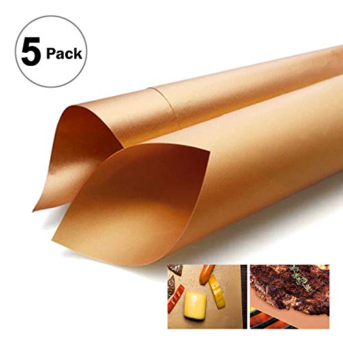 The perseids BBQ Grill Mat 5pcs, 100% Non-Stick Grilling Baking Mats Reusable Easy to Clean w/Silicone Brush & Kitchen Tong, Barbecue Accessories Kit for Gas, Charcoal, Electric Grill Oven in Copper