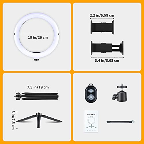10.2’’ LED Ring Light with Tripod Stand & Phone Holder & Bluetooth Remote, 3 Light Modes 10 Brightness Level Desk Selfie Ringlight for Phone/Camera, for Makeup/Live Streaming/YouTube/Tik Tok/Video